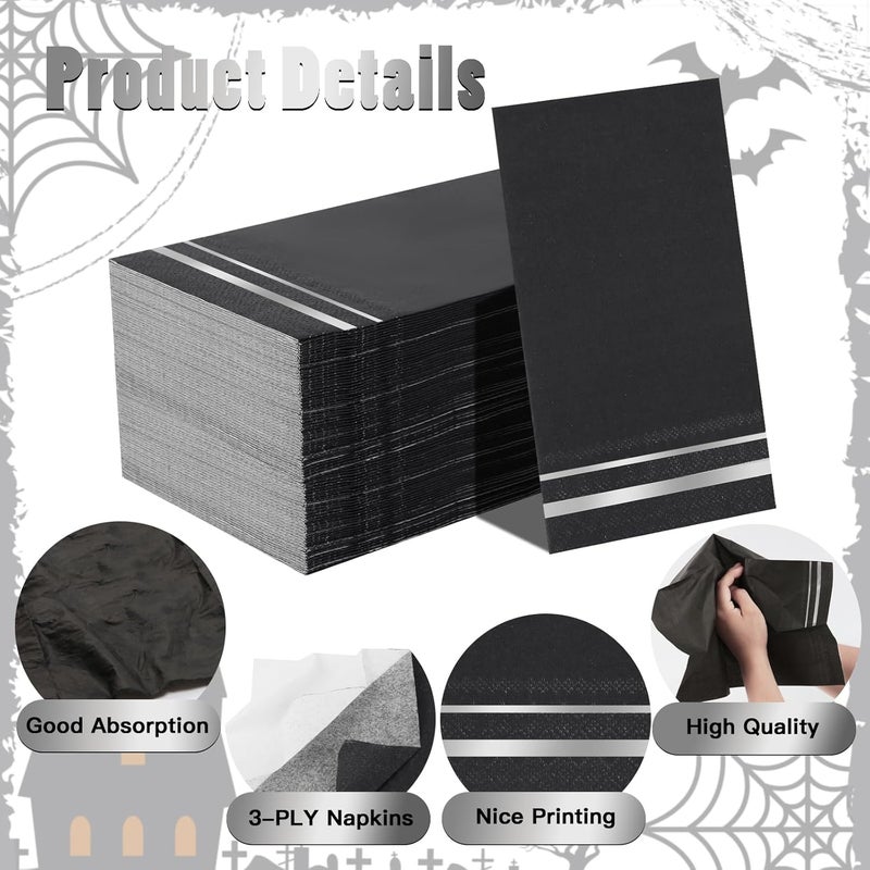 Tamone 100PCS 3-Ply Halloween Paper Napkins - Black Paper Napkins - Black Napkins Disposable - Premium Quality Silver Napkins Soft and Absorbent for Wedding Party Birthday - Image 3